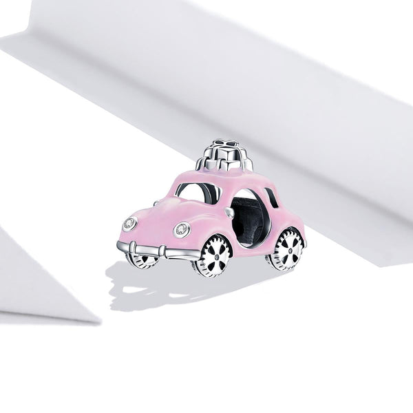 Pink Car Enamel Sterling Silver Zircon CZ Bead Charm Bracelet Necklace