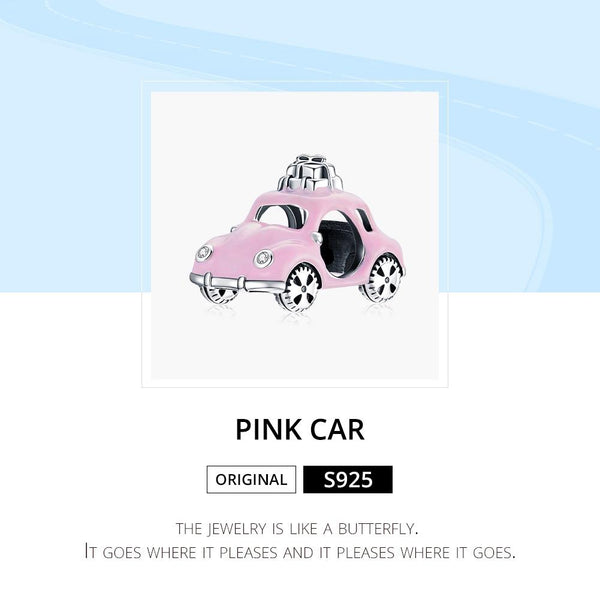 Pink Car Enamel Sterling Silver Zircon CZ Bead Charm Bracelet Necklace