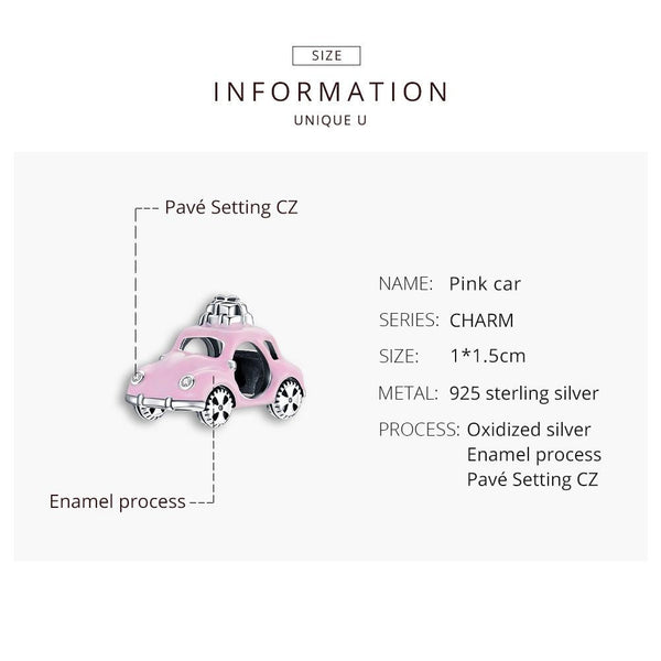 Pink Car Enamel Sterling Silver Zircon CZ Bead Charm Bracelet Necklace