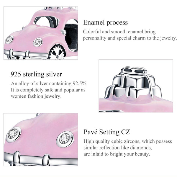 Pink Car Enamel Sterling Silver Zircon CZ Bead Charm Bracelet Necklace