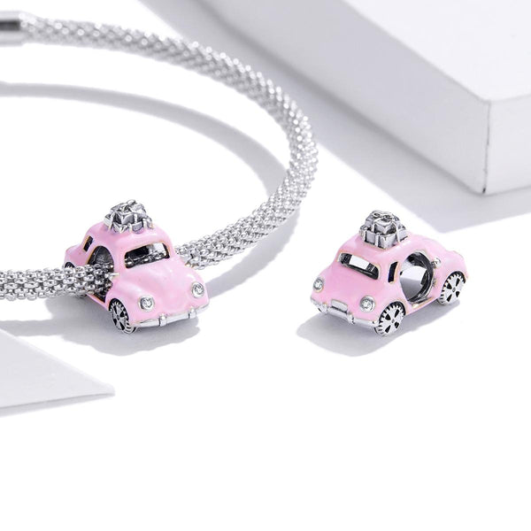 Pink Car Enamel Sterling Silver Zircon CZ Bead Charm Bracelet Necklace