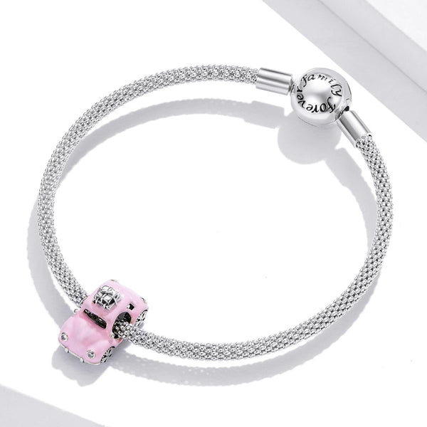 Pink Car Enamel Sterling Silver Zircon CZ Bead Charm Bracelet Necklace