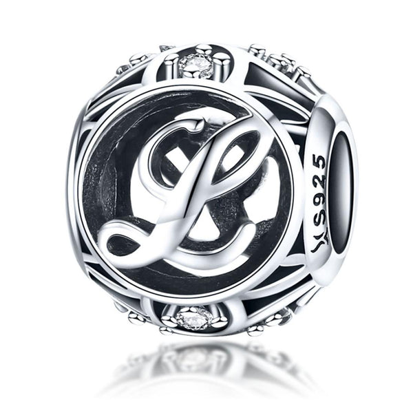 L Initial Letter Sterling Silver Zircon CZ Bead Charm Bracelet Necklace