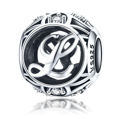 L Initial Letter Sterling Silver Zircon CZ Bead Charm Bracelet Necklace