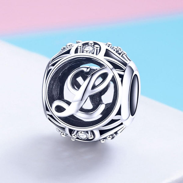 L Initial Letter Sterling Silver Zircon CZ Bead Charm Bracelet Necklace