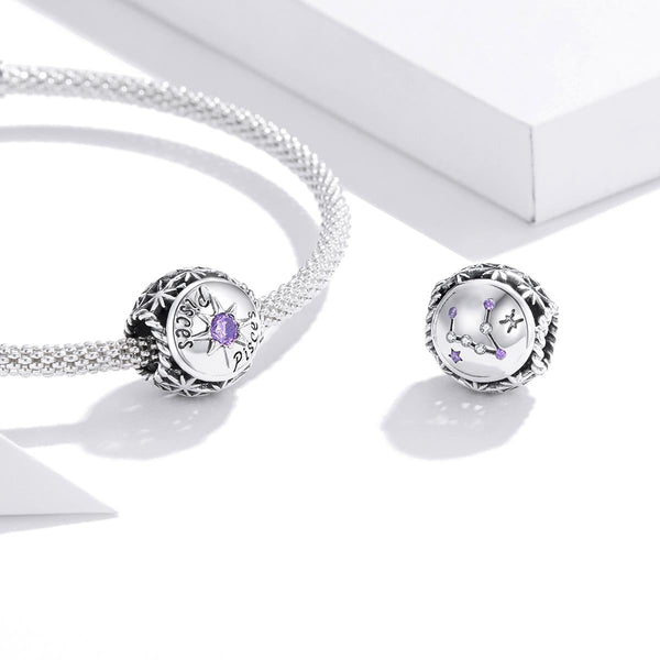 Pisces Zodiac Sterling Silver Zircon CZ Bead Charm Bracelet Necklace