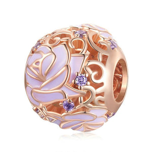 Purple Rose Sterling Silver Spacer Bead Charm Pendant Bracelet Necklace