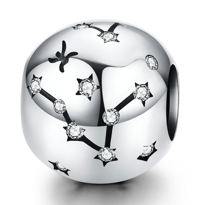 Pisces Zodiac Constellation Sterling Silver Zircon CZ Bead Charm Bracelet Necklace