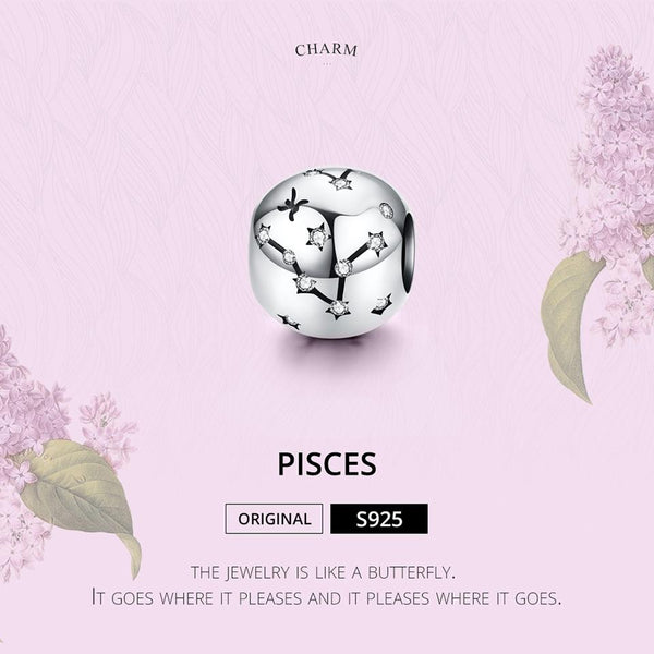 Pisces Zodiac Constellation Sterling Silver Zircon CZ Bead Charm Bracelet Necklace