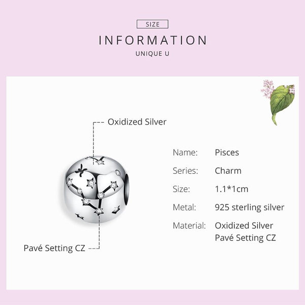Pisces Zodiac Constellation Sterling Silver Zircon CZ Bead Charm Bracelet Necklace
