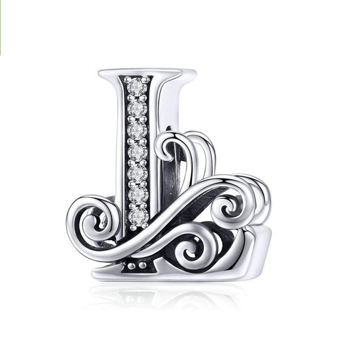 Initial Letter Gothic Victorian Sterling Silver Zircon CZ Bead Charm Bracelet L