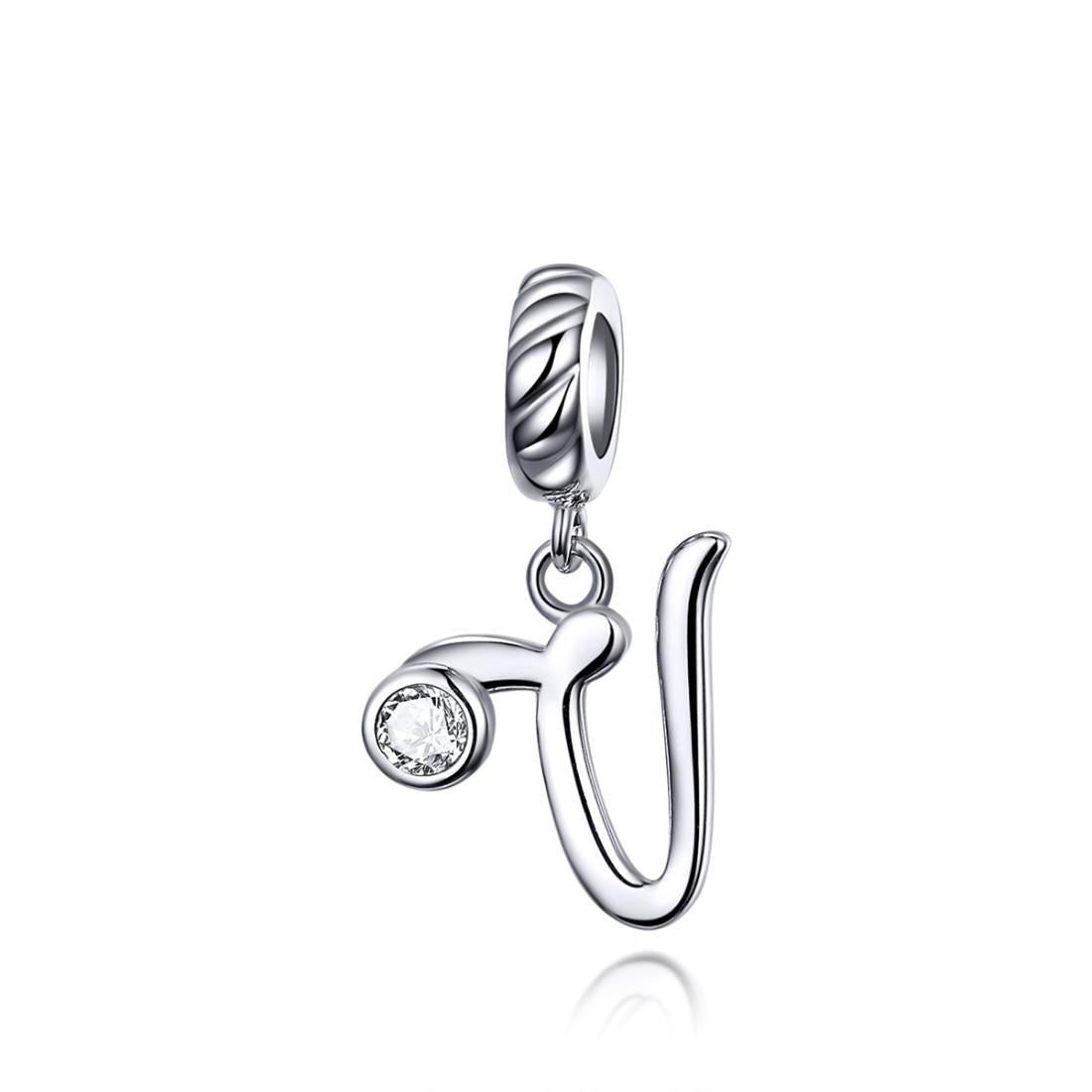 V Letter Initial Platinum Plated Sterling Silver Crystal Zircon Charm Bracelet Necklace
