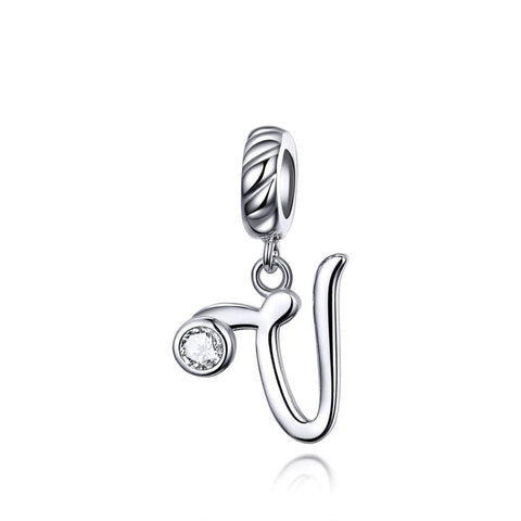 V Letter Initial Platinum Plated Sterling Silver Crystal Zircon Charm Bracelet Necklace