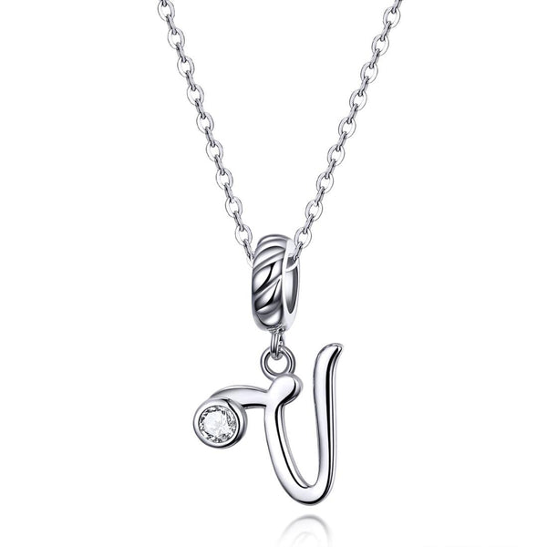 V Letter Initial Platinum Plated Sterling Silver Crystal Zircon Charm Bracelet Necklace
