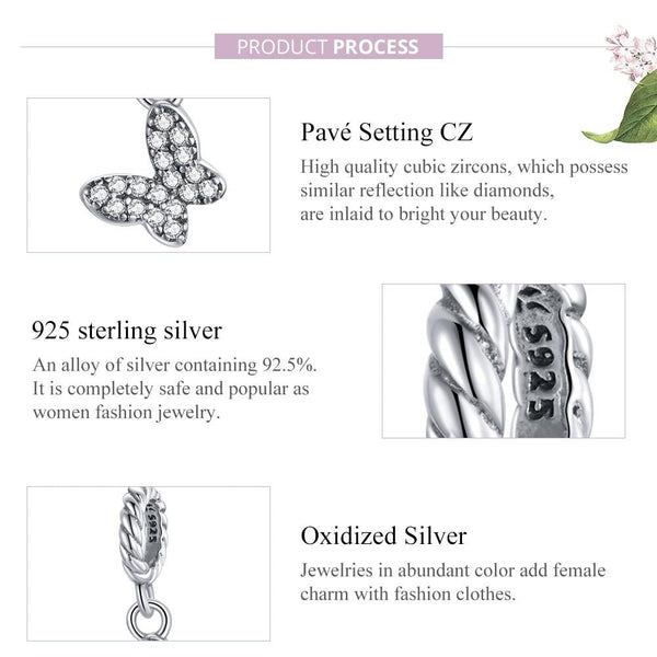 BUtterfly Sterling Silver Zircon CZ Bead Charm Bracelet Necklace Pendant