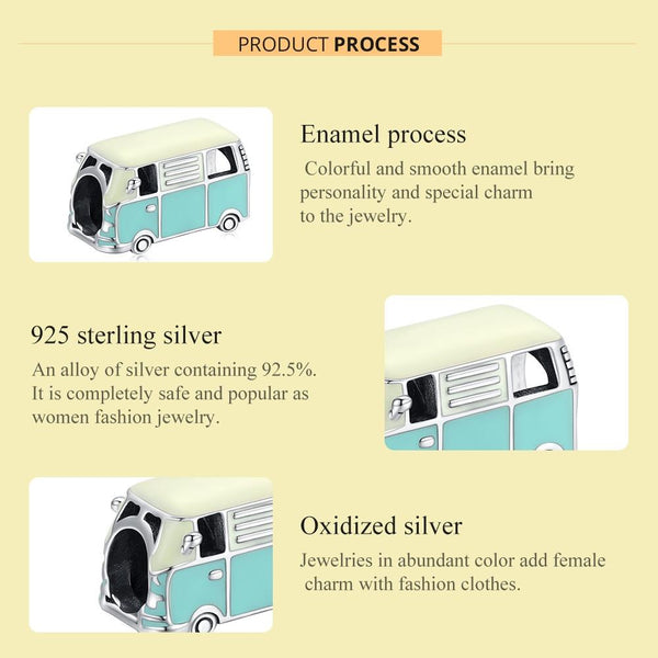 Van Life Minibus Enamel Sterling Silver Bead Charm Bracelet Necklace