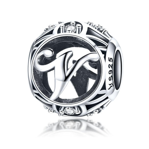 V Initial Letter Sterling Silver Zircon CZ Bead Charm Bracelet Necklace