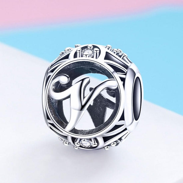 V Initial Letter Sterling Silver Zircon CZ Bead Charm Bracelet Necklace