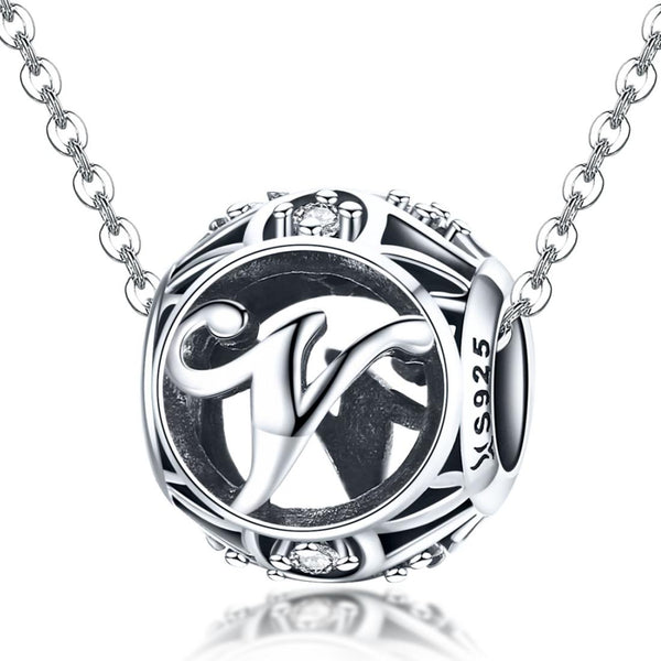 V Initial Letter Sterling Silver Zircon CZ Bead Charm Bracelet Necklace