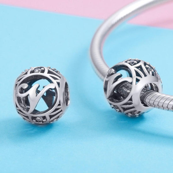 V Initial Letter Sterling Silver Zircon CZ Bead Charm Bracelet Necklace