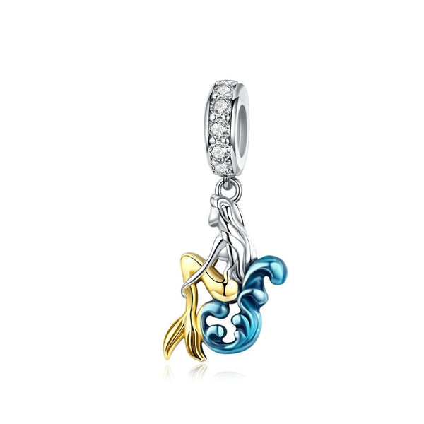 Mermaid Sterling Silver Zircon CZ Bead Charm Bracelet Necklace Pendant