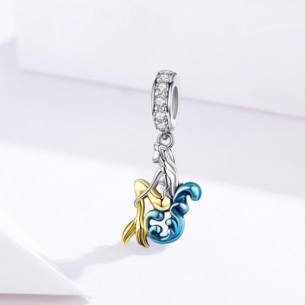 Mermaid Sterling Silver Zircon CZ Bead Charm Bracelet Necklace Pendant