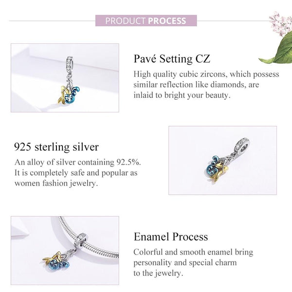 Mermaid Sterling Silver Zircon CZ Bead Charm Bracelet Necklace Pendant