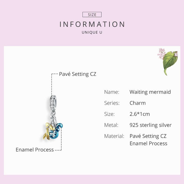 Mermaid Sterling Silver Zircon CZ Bead Charm Bracelet Necklace Pendant