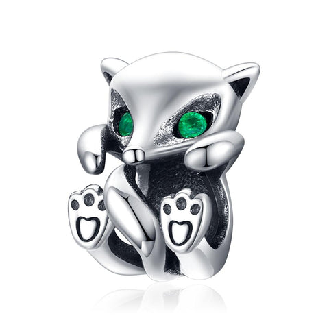 Fox Green Eyes Sterling Silver Zircon CZ Bead Charm Pendant Bracelet Necklace