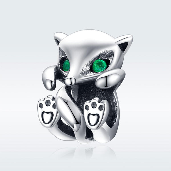 Fox Green Eyes Sterling Silver Zircon CZ Bead Charm Pendant Bracelet Necklace