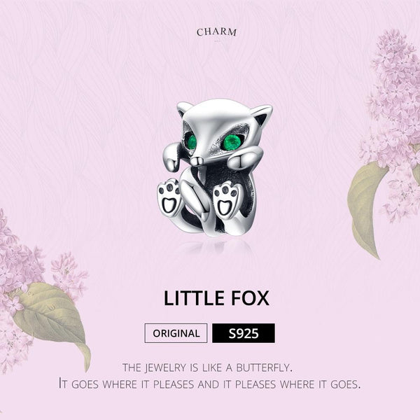 Fox Green Eyes Sterling Silver Zircon CZ Bead Charm Pendant Bracelet Necklace