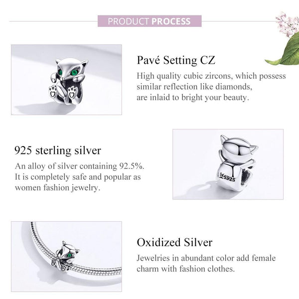 Fox Green Eyes Sterling Silver Zircon CZ Bead Charm Pendant Bracelet Necklace