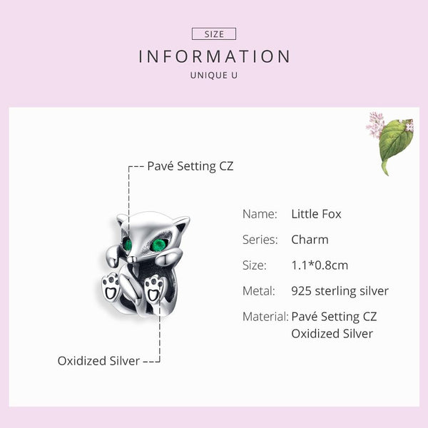 Fox Green Eyes Sterling Silver Zircon CZ Bead Charm Pendant Bracelet Necklace