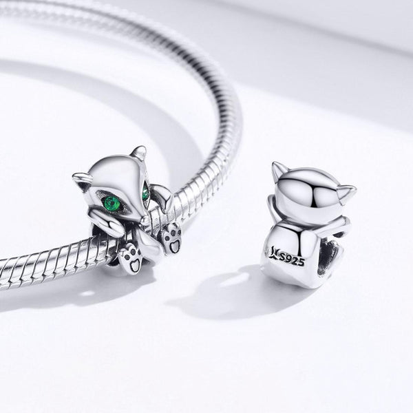 Fox Green Eyes Sterling Silver Zircon CZ Bead Charm Pendant Bracelet Necklace