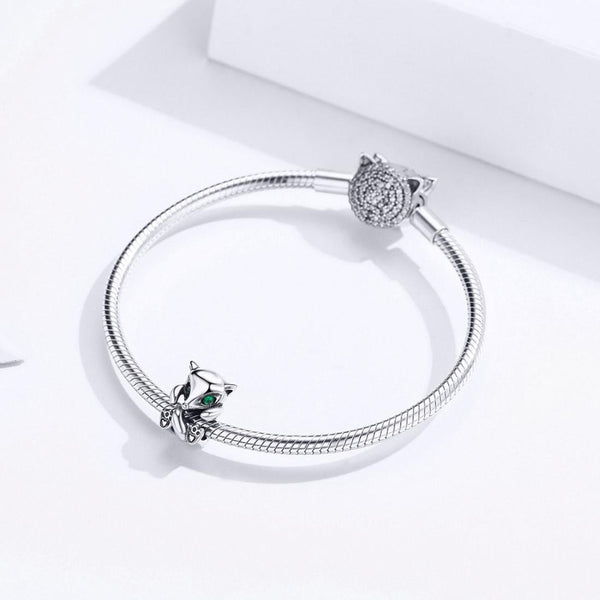 Fox Green Eyes Sterling Silver Zircon CZ Bead Charm Pendant Bracelet Necklace
