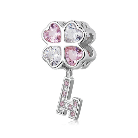 Four Leaf Clover Heart Key Sterling Silver Zircon CZ Bead Charm Bracelet Necklace