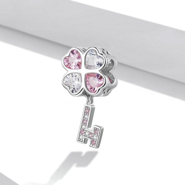 Four Leaf Clover Heart Key Sterling Silver Zircon CZ Bead Charm Bracelet Necklace