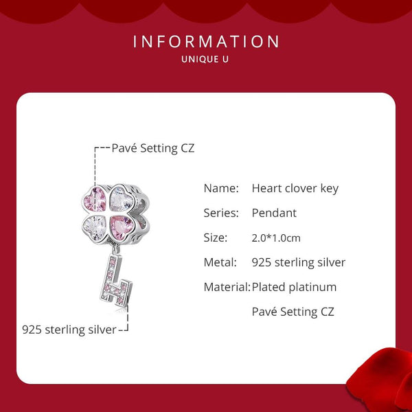 Four Leaf Clover Heart Key Sterling Silver Zircon CZ Bead Charm Bracelet Necklace