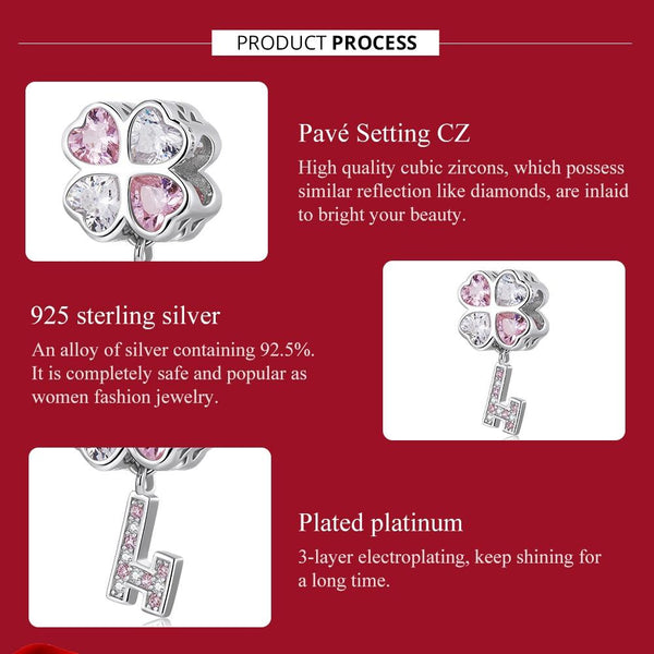 Four Leaf Clover Heart Key Sterling Silver Zircon CZ Bead Charm Bracelet Necklace