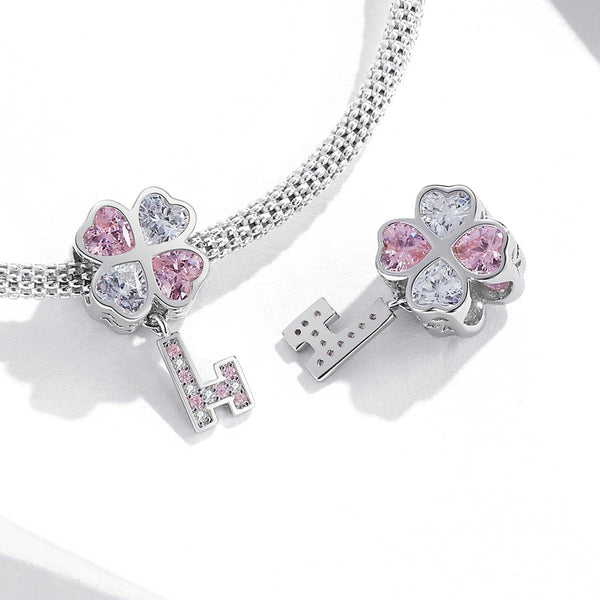 Four Leaf Clover Heart Key Sterling Silver Zircon CZ Bead Charm Bracelet Necklace