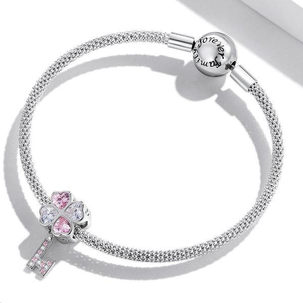 Four Leaf Clover Heart Key Sterling Silver Zircon CZ Bead Charm Bracelet Necklace