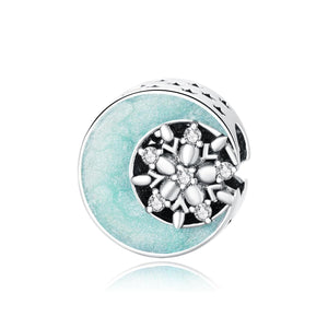 Snowflake Moon Enamel Sterling Silver Zircon CZ Bead Charm Bracelet Necklace