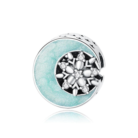 Snowflake Moon Enamel Sterling Silver Zircon CZ Bead Charm Bracelet Necklace