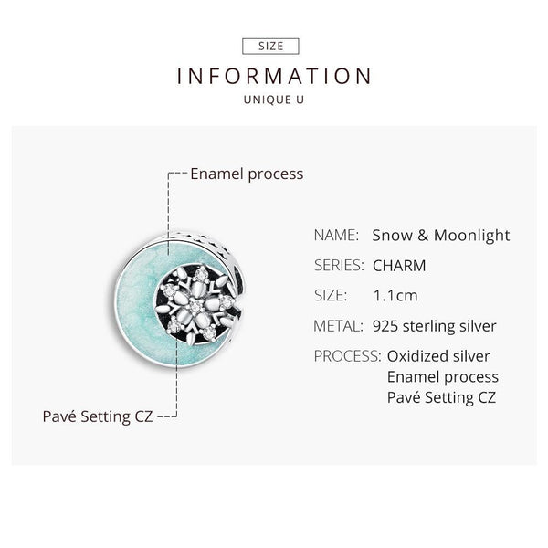 Snowflake Moon Enamel Sterling Silver Zircon CZ Bead Charm Bracelet Necklace