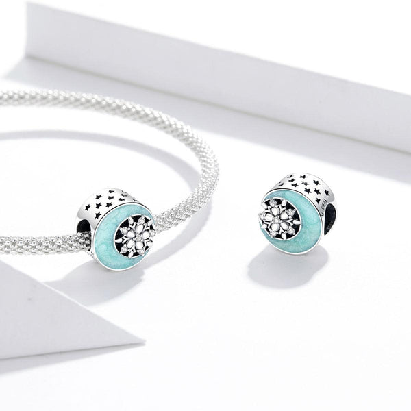 Snowflake Moon Enamel Sterling Silver Zircon CZ Bead Charm Bracelet Necklace