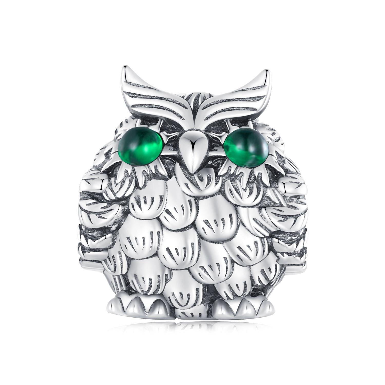Owl Sterling Silver Zircon CZ Bead Charm Pendant Bracelet Necklace