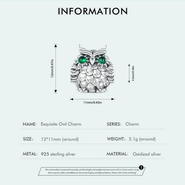 Owl Sterling Silver Zircon CZ Bead Charm Pendant Bracelet Necklace