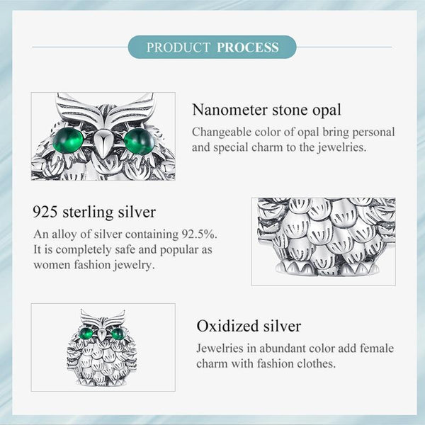 Owl Sterling Silver Zircon CZ Bead Charm Pendant Bracelet Necklace