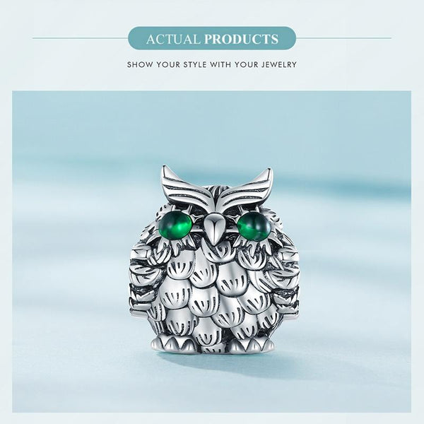 Owl Sterling Silver Zircon CZ Bead Charm Pendant Bracelet Necklace