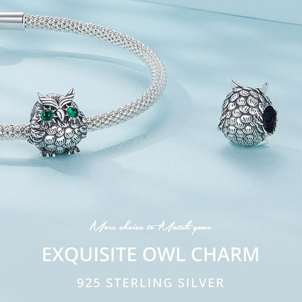 Owl Sterling Silver Zircon CZ Bead Charm Pendant Bracelet Necklace